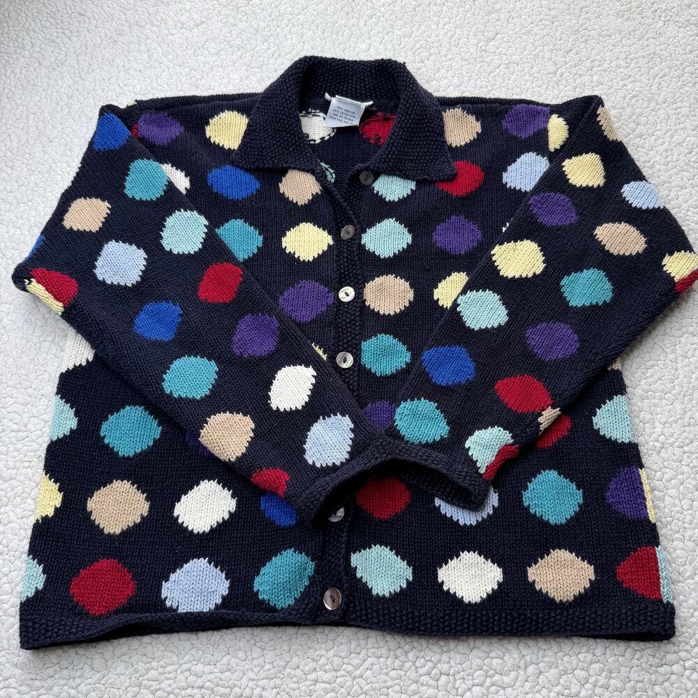 Talbots Hand Knit Linen Cotton Blend Cardigan Polka Dot Sweater Small